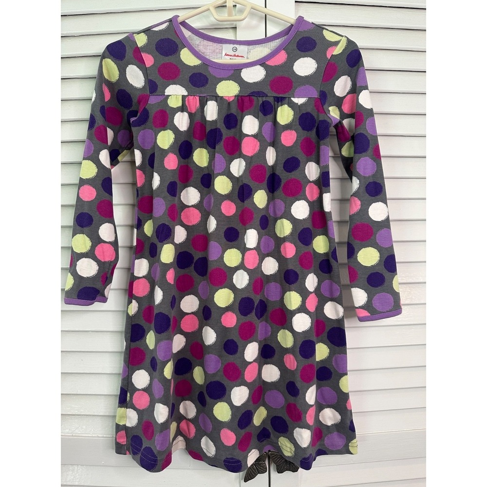 Hanna Andersson Size 130 7-8 Gray Purpe Polka Dot Long Sleeve Playdress